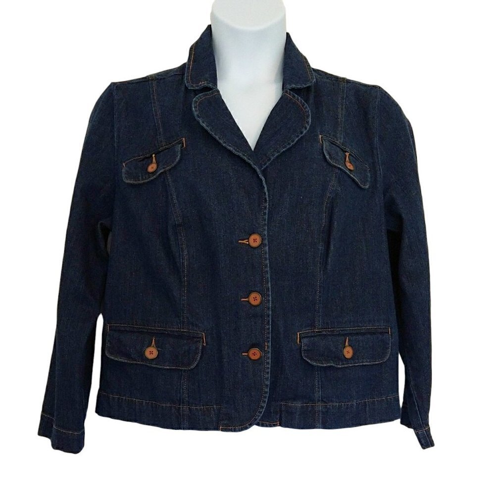 Fashion Bug 4 Pocket Classic Denim Blazer Jacket Dark Wash Notched Lapel Collar